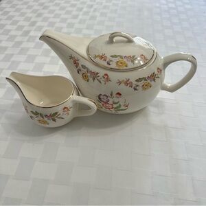 Floral Ceramic Teapot and Creamer Set in Ivory with Gold Trim